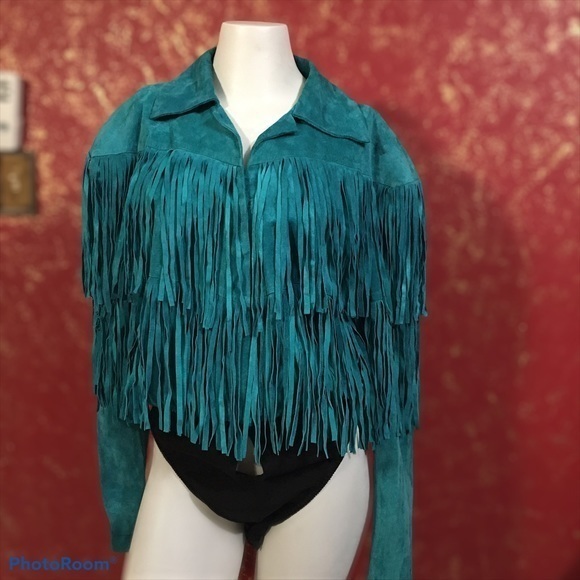 karen okada Jackets & Blazers - Karen Okada For David Howard Vintage Turquoise teal  Leather Fringes Jacket 12